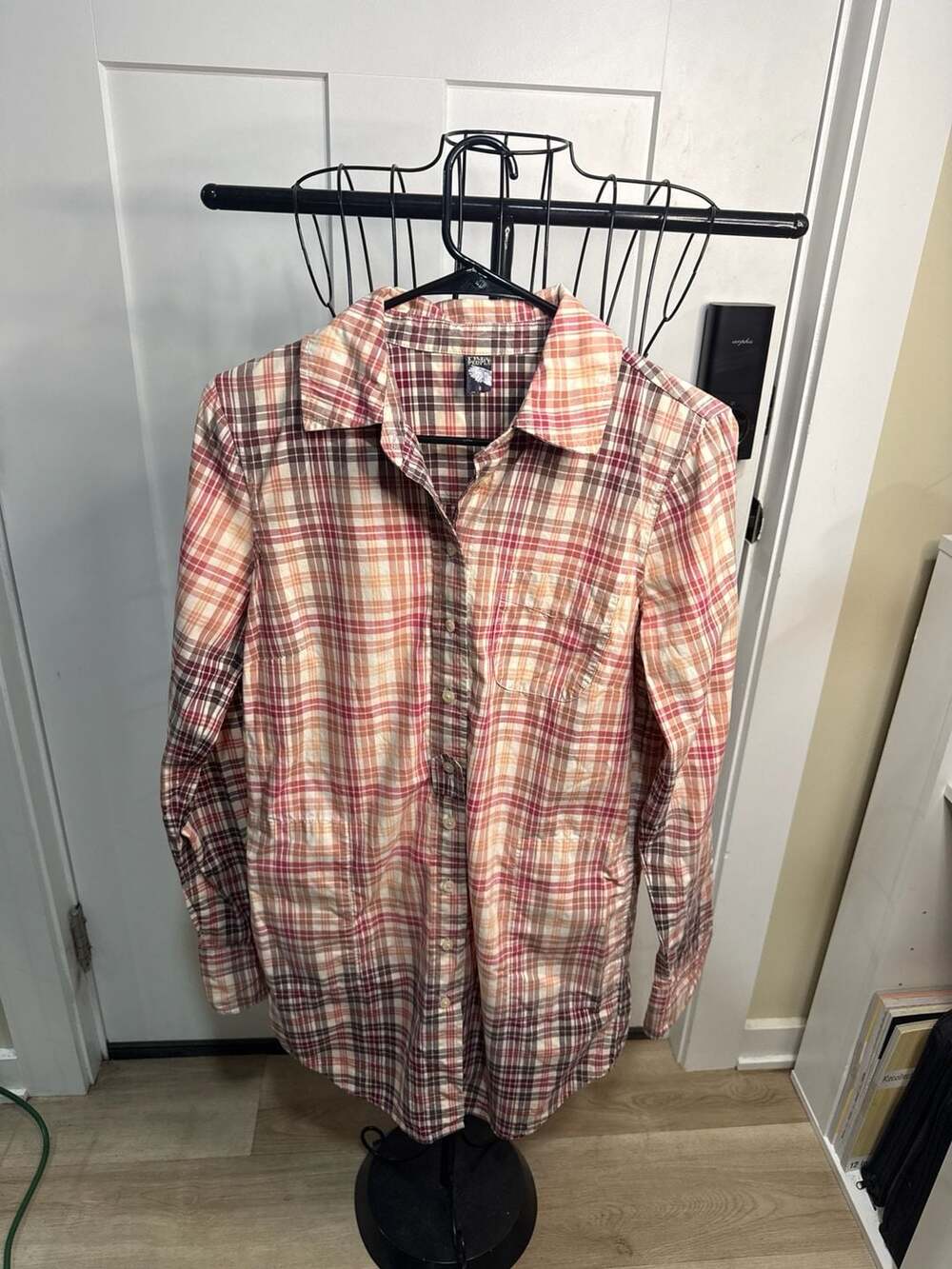 Free People Plaid Smocked Back Button Down t- Shirt mini dress  Size 8